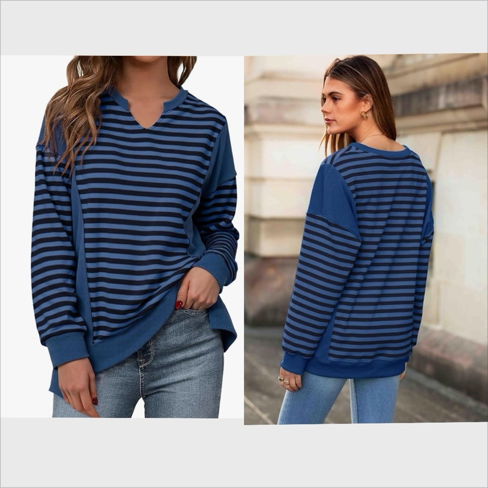Glamaker Womens Striped Long Sleeve Sweatshirts Loose V Neck Pullover SZ small